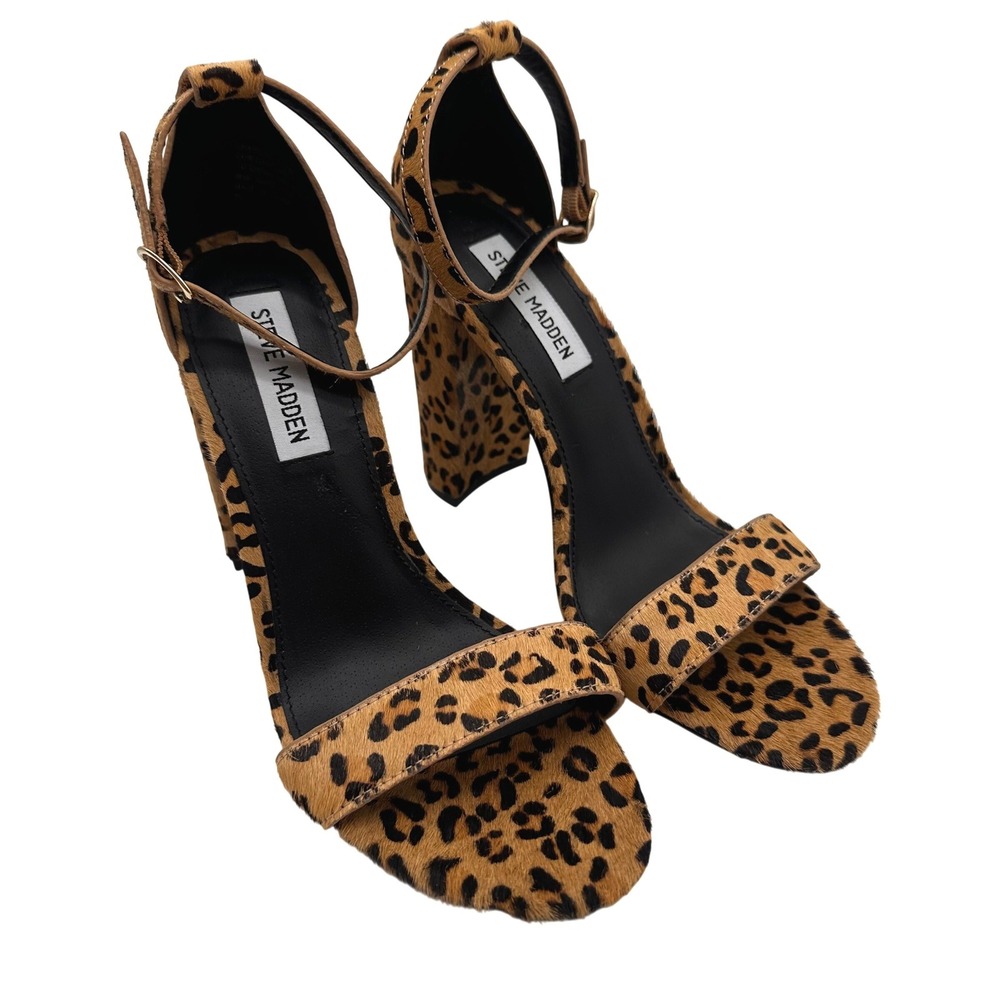 NWOB Steve Madden Carrson Leopard Print Cow Hair Block Heel Sandals Women 8.5M